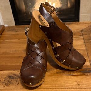 Korks Lori Block Heels, Brown Leather Women's Shoes, size 7